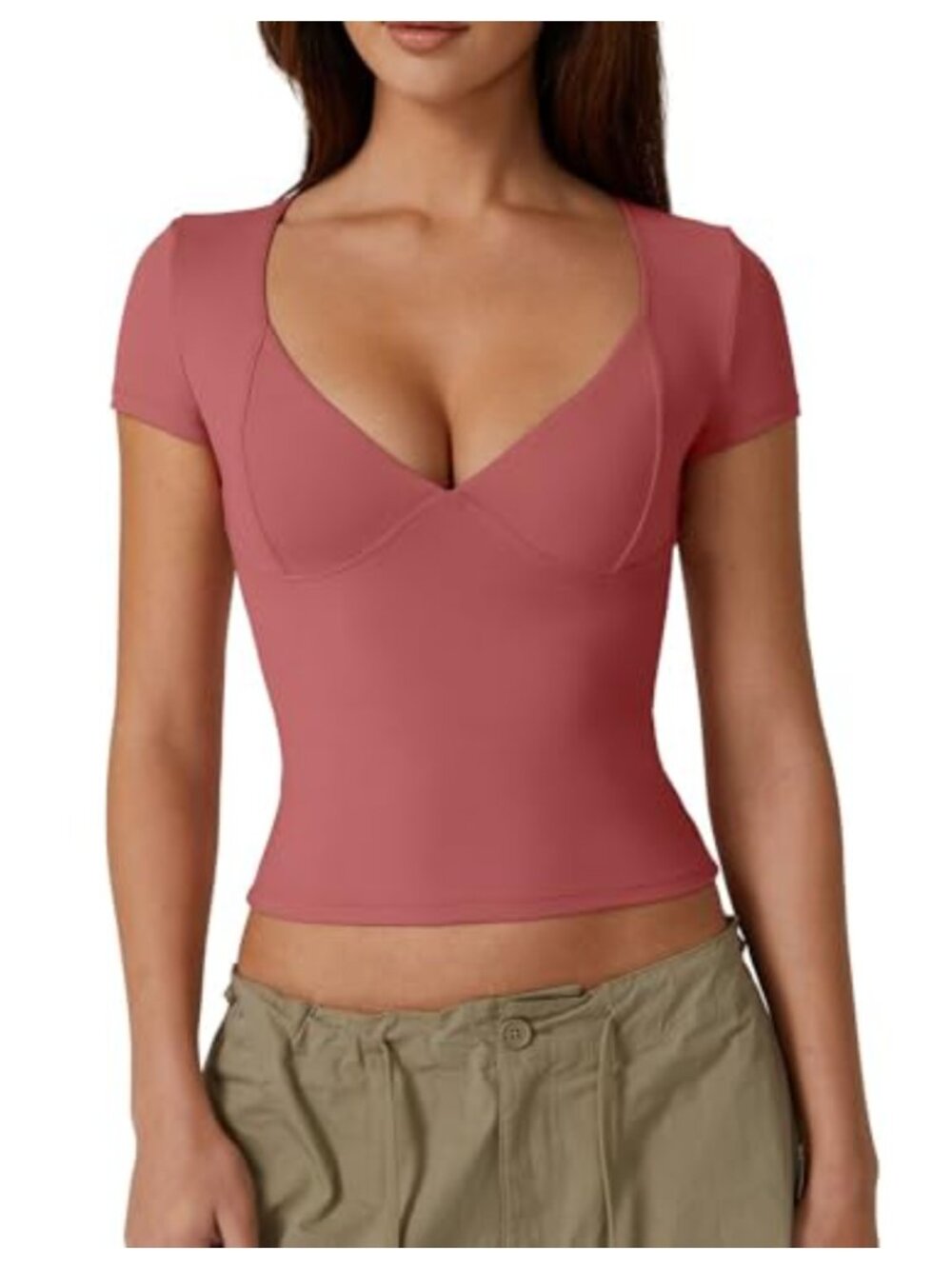Women's V Neck Short Sleeve Double Lined Seamed Cup Going Out Tee Top